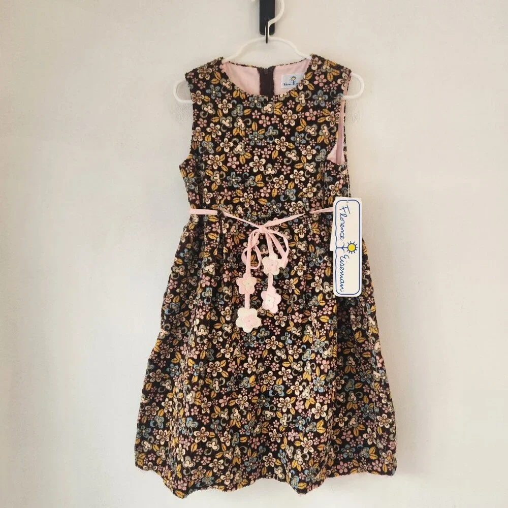 NWT Vintage Florence Eiseman Floral Dress Corduroy Retro 70s Girls 5
